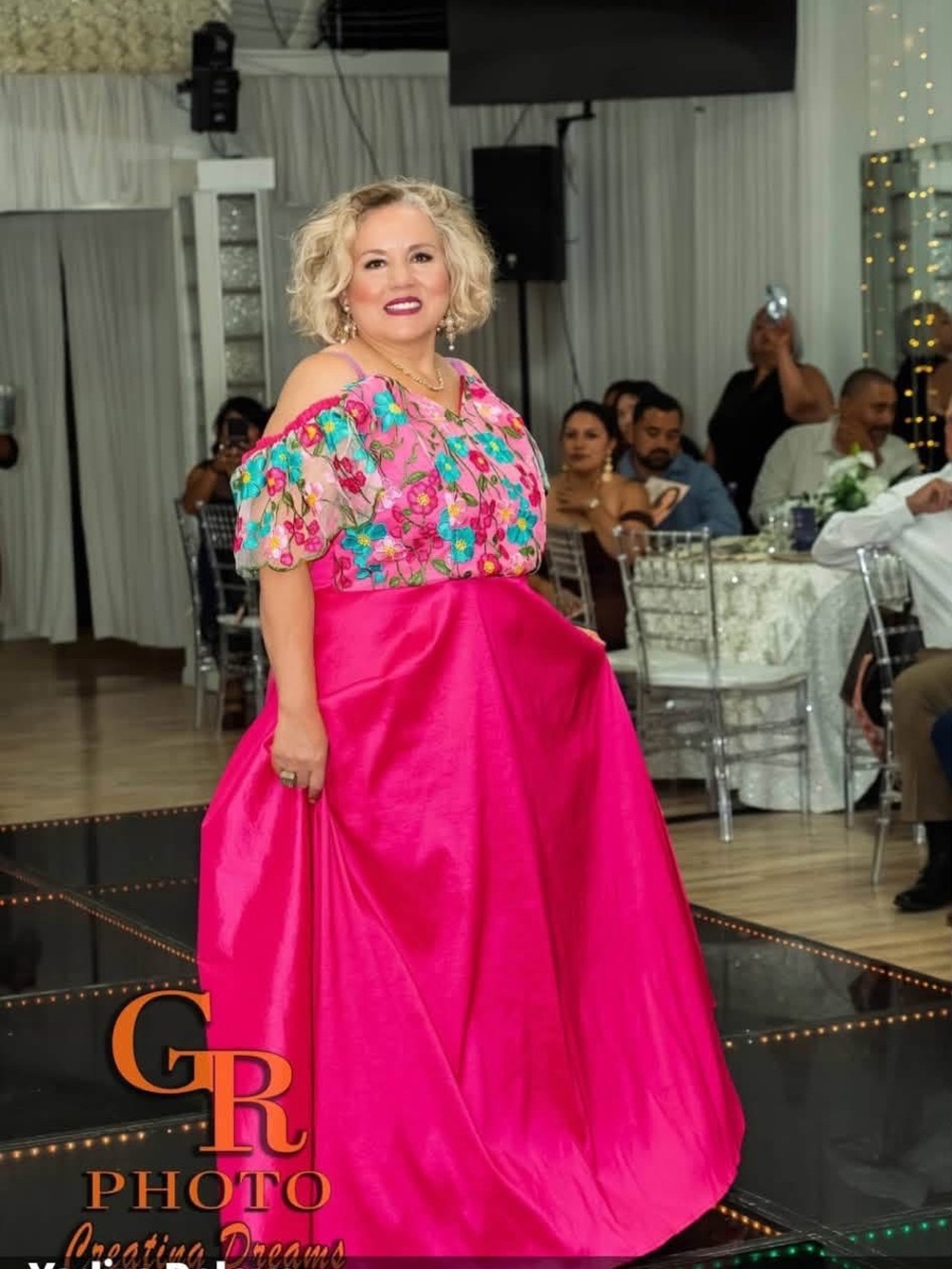 Bright Hot Pink Floral Off-Shoulder Gown